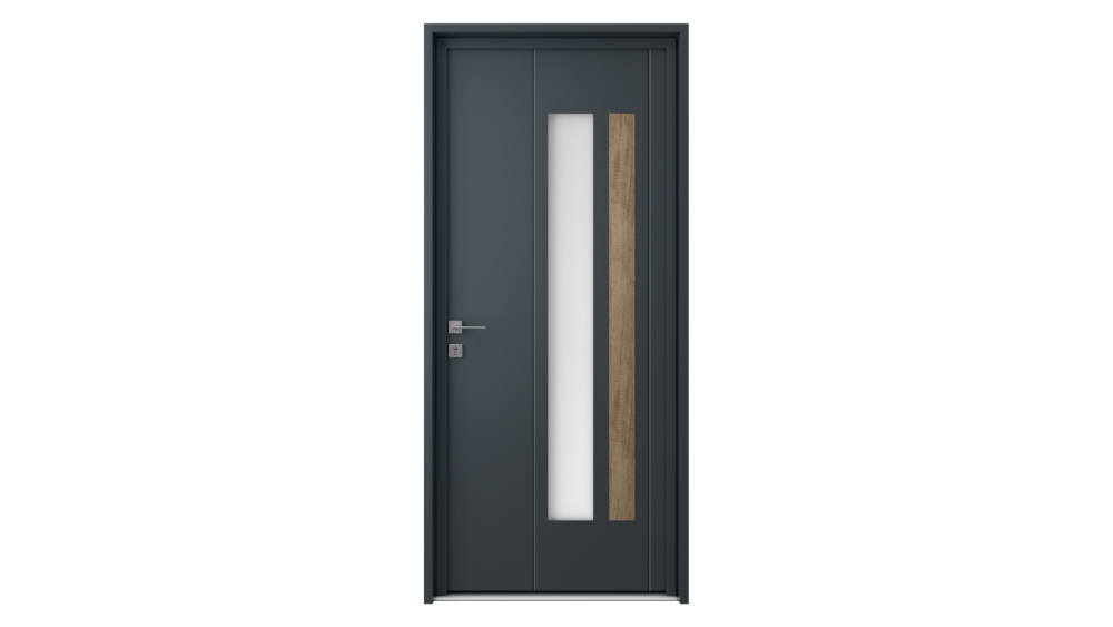 Porte d'entrée aluminium AMORGOS Porte d'entrée grise avec décor effet bois et vitré
